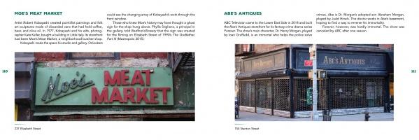 Two pages from Schiffer Publishing, Ltd.’s "Ghost Signs" highlight Moe’s Meat Market’s vintage sign and Abe’s Antiques’ storefront, with insights into their roles in New York City’s ghost signs and downtown neighborhoods.