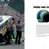 A crew services a drag racing car at a racetrack, while on the right page, a vibrant striped helmet appears above the title Pinball Wizards & Blacklight Destroyers by Schiffer Publishing, Ltd. and some descriptive text.
