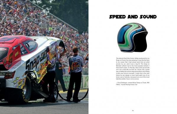 A crew services a drag racing car at a racetrack, while on the right page, a vibrant striped helmet appears above the title Pinball Wizards & Blacklight Destroyers by Schiffer Publishing, Ltd. and some descriptive text.