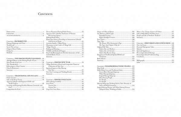 Hmong Story Cloths by Schiffer Publishing, Ltd. features a table of contents with chapters on background, the Hmong journey, traditional life, story cloths and textiles, New Year, neighboring ethnic groups, and conclusion with page numbers.