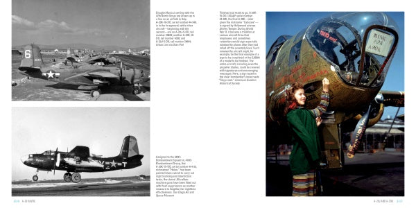 On the left, two black-and-white photos of WWII A-20 Havoc bombers; on the right, a color image shows a woman writing on a bomber's nose with soldiers in the cockpit. Brand: Schiffer Publishing, Ltd. Product: A-20 Havoc.