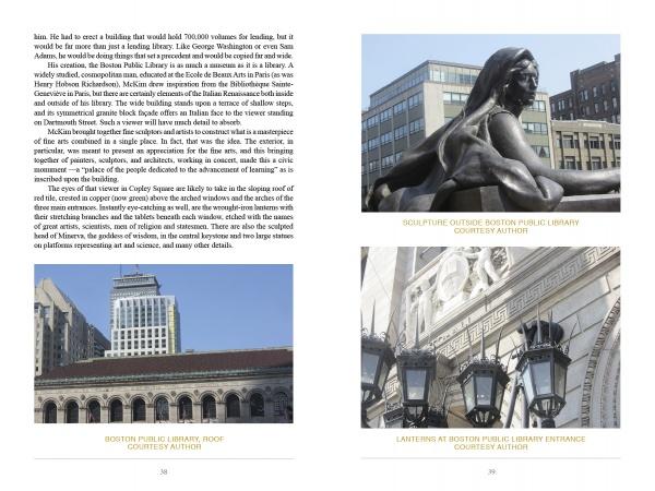A page in Building Boston (Schiffer Publishing, Ltd.) displays three labeled photos: a sculpture by Boston Public Library, the library’s roof with a tall Copley Square building, and ornate entrance lanterns.