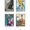 Four whimsical watercolor paintings—a winged black cat, frog on a penny-farthing, caped fox, and jeweled ostrich—feature in "The Fairy's Song" by Schiffer Publishing, Ltd., perfect for fans of fantasy fairy art.