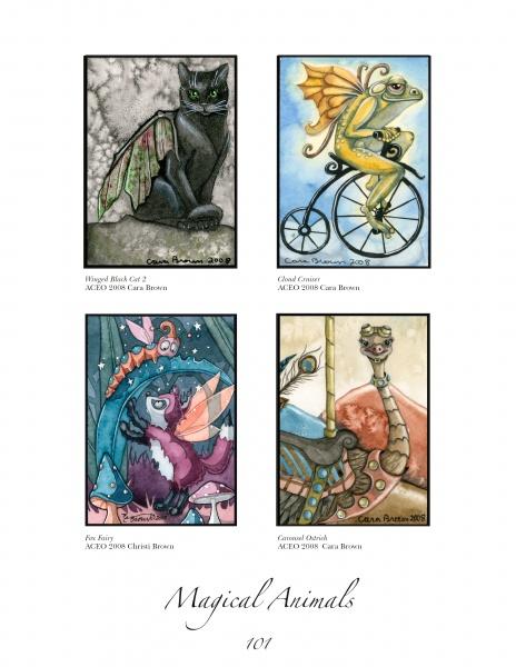 Four whimsical watercolor paintings—a winged black cat, frog on a penny-farthing, caped fox, and jeweled ostrich—feature in "The Fairy's Song" by Schiffer Publishing, Ltd., perfect for fans of fantasy fairy art.