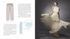 On the left page are diagrams of tailored pants and a sleeve; on the right, a woman models a flowing cream gown showcasing expert pleating, as featured in "Pleating" by Schiffer Publishing, Ltd., against a gray background.