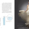 On the left page are diagrams of tailored pants and a sleeve; on the right, a woman models a flowing cream gown showcasing expert pleating, as featured in "Pleating" by Schiffer Publishing, Ltd., against a gray background.