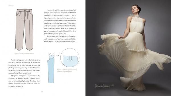 On the left page are diagrams of tailored pants and a sleeve; on the right, a woman models a flowing cream gown showcasing expert pleating, as featured in "Pleating" by Schiffer Publishing, Ltd., against a gray background.