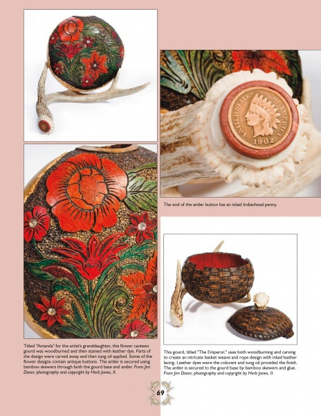 A catalog page features Antler Art for Baskets and Gourds by Schiffer Publishing, Ltd., showcasing hand-carved canisters with floral designs, a lid set with a 1902 Indian Head penny and antler handle, plus detailed basket and gourd antler projects.