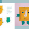 Step-by-step instructions and images in The Zenki Way by Schiffer Publishing, Ltd. guide you to sew a yellow felt softie with blue arms, legs, and eyes, plus a yellow nose. The finished huggable is shown on the right against a pink background.
