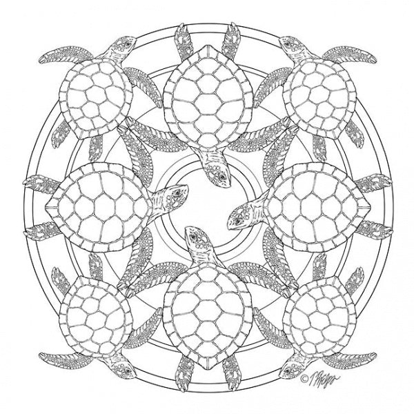 Animal Life by Schiffer Publishing, Ltd.: a black and white mandala illustration of seven sea turtles with intricate shells and flippers, arranged in a circle around a geometric center—ideal for meditative mandalas coloring books.