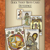 Five tarot cards, like Temperance and The Empress—Major Arcana archetypes—overlap on a brown textured background. The heading reads “Quick Tarot Birth Card Reference” for the product Tarot, Birth Cards, and You.