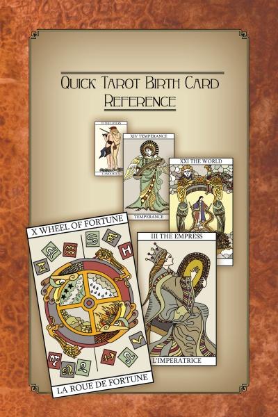 Five tarot cards, like Temperance and The Empress—Major Arcana archetypes—overlap on a brown textured background. The heading reads “Quick Tarot Birth Card Reference” for the product Tarot, Birth Cards, and You.
