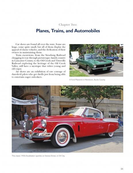 A page from "Life in the Keystone State" by Schiffer Publishing, Ltd. features two classic cars: a green Ford Maverick on a street and a red 1950s Studebaker with a white roof at a car show—snapshots of Pennsylvania’s automotive past.
