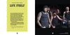 On the left page, "The Meaning of Life According to Bikers" and a quote appear; on the right, five tattooed men in black clothing pose with serious expressions, reflecting a biker vibe in this Schiffer Publishing, Ltd. band portrait.