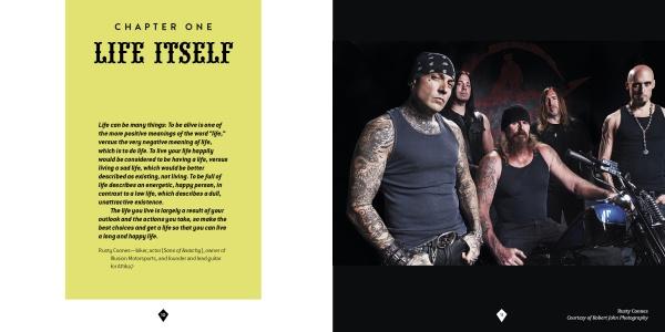 On the left page, "The Meaning of Life According to Bikers" and a quote appear; on the right, five tattooed men in black clothing pose with serious expressions, reflecting a biker vibe in this Schiffer Publishing, Ltd. band portrait.