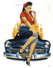 A confident woman in pin-up attire poses before a black Mercury with flames, evoking classic allure as celebrated in The Contemporary Illustrated Pin-up by Schiffer Publishing, Ltd.
