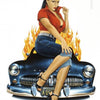 A confident woman in pin-up attire poses before a black Mercury with flames, evoking classic allure as celebrated in The Contemporary Illustrated Pin-up by Schiffer Publishing, Ltd.