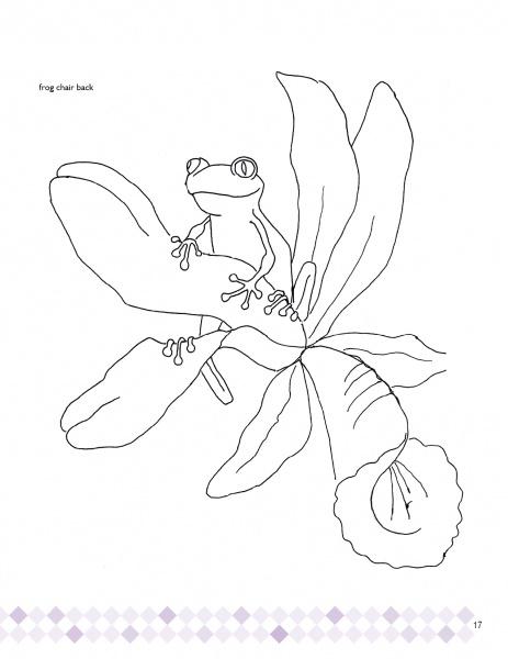 A simple line drawing of a frog on a five-petal flower with detailed leaves, perfect for coloring or inspiring DIY chair projects in "Decorating Chairs: 7 Painting Projects" by Schiffer Publishing, Ltd.