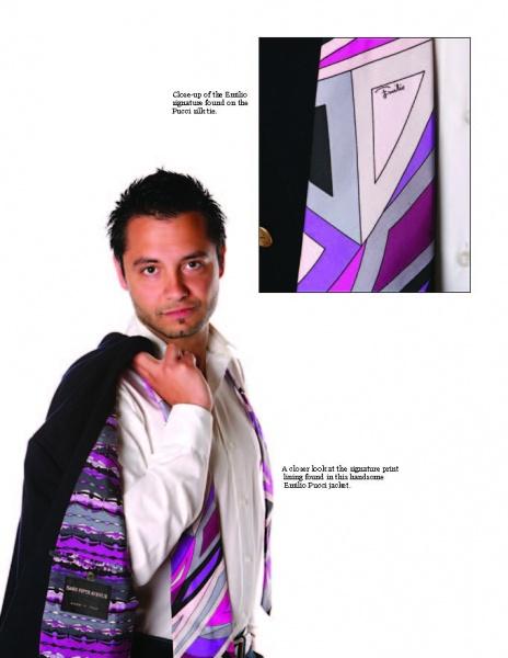 A man with short dark hair drapes a suit jacket over his shoulder, revealing vibrant Signature Prints by Schiffer Publishing, Ltd., with a matching tie in purple, gray, and black. An inset highlights the iconic print and label.