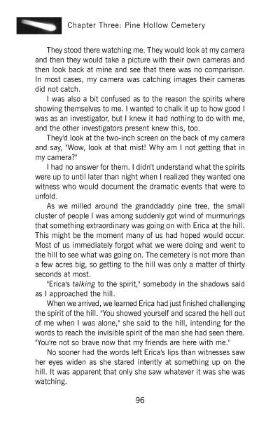 Page 96 of "Long Island's Most Haunted" by Schiffer Publishing, Ltd. recounts an investigator’s encounters with spirits, cameras, and Erica during ghost hunts at Pine Hollow Cemetery on Long Island.