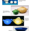 A catalog page showcases Schiffer Publishing, Ltd.'s Solid-Colored Dinnerware, featuring creamers, covered sugar bowls, casserole dishes, and console bowls in various hues—ideal collectibles for vintage dinnerware enthusiasts.