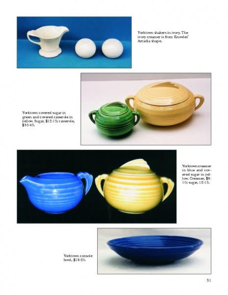 A catalog page showcases Schiffer Publishing, Ltd.'s Solid-Colored Dinnerware, featuring creamers, covered sugar bowls, casserole dishes, and console bowls in various hues—ideal collectibles for vintage dinnerware enthusiasts.