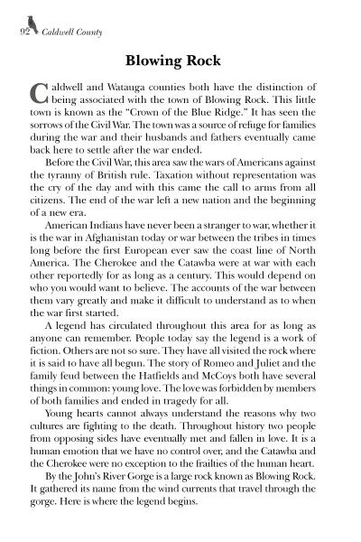 A page from "Appalachia Mountain Folklore" by Schiffer Publishing, Ltd., featuring text on the history, legends, and Appalachian folklore of Blowing Rock in Caldwell and Watauga counties. No images or illustrations are included.