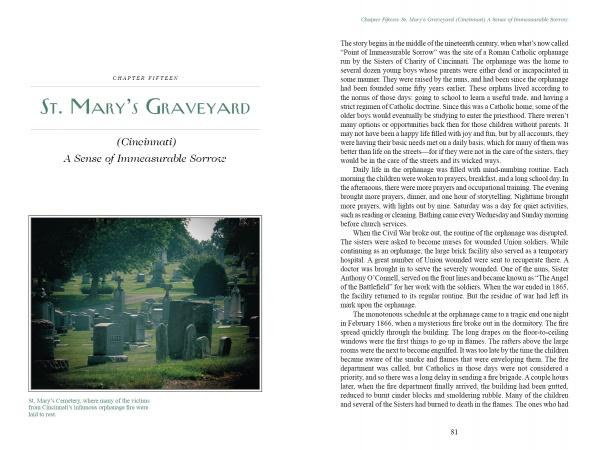 A cemetery with gravestones stands on a grassy lawn, some shaded by trees. Beside the photo is a page from "Cincinnati Cemeteries" by Schiffer Publishing, Ltd., describing haunted history and Cincinnati ghost stories.
