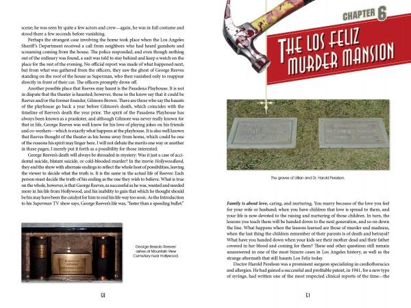 A book spread from "Hollywood Obscura" by Schiffer Publishing, Ltd. examines Hollywood murders with text, images of Lillian and Louis Perelson's grave markers, a close-up of George Alexander Maddox's plaque, and a hammer illustration at the top right.