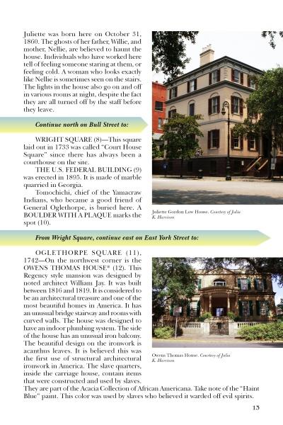 Page 13 of Schiffer Publishing, Ltd.'s Self-Guided Tour of Savannah highlights Wright and Oglethorpe Squares with two color photos: a tree-lined square and a historic brick house with stairs and black iron railing.