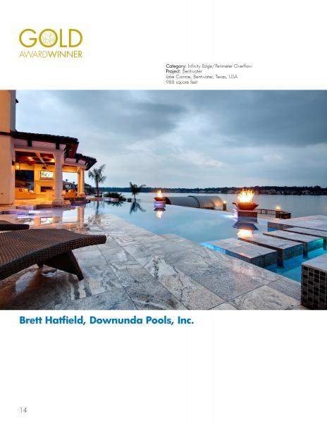 The book "International Award Winning Pools, Spas, & Water Environments II" by Schiffer Publishing, Ltd. features luxury pool designs, including fire-lit infinity pools overlooking lakes and elegant outdoor settings by award-winning designers.