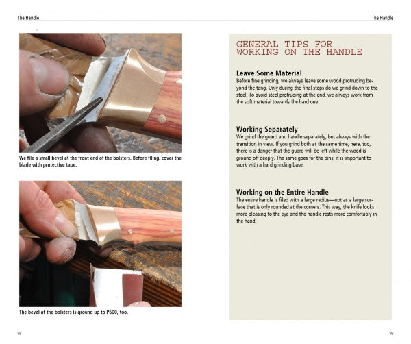Two photos from Schiffer Publishing, Ltd.’s "Making Full Tang Knives for Beginners" show tape being applied to a knife blade and bevel grinding at the bolster, with a beige box offering handle-making tips for novice knife makers.