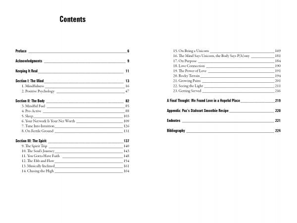 The table of contents from "Mindfulness Matters" by Schiffer Publishing, Ltd. lists sections—The Mind, The Body, The True Spirit—plus preface, acknowledgments, appendix, and bibliography. Topics include self-care and positive psychology with page numbers.