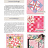 A magazine page for Schiffer Publishing, Ltd.'s "A Quilt Block Challenge" shows four pink and white patchwork blocks with floral and geometric designs. Sections titled Personal Challenge and Duo Challenges outline creative block prompts.