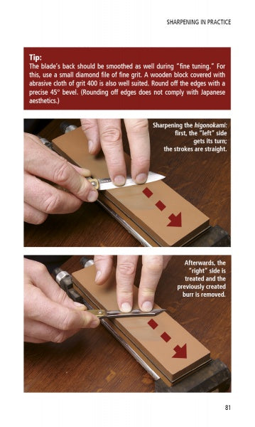 A person sharpens a knife on a whetstone, holding the blade at an angle. Red arrows show stroking directions. Text from "Japanese Knife Sharpening" by Schiffer Publishing, Ltd. explains the process and tips for honing Japanese knives with waterstones.