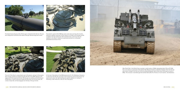 A two-page spread from Schiffer Publishing, Ltd.’s "M40 Gun Motor Carriage and M43 Howitzer Motor Carriage in WWII and Korea" features close-ups of the M40’s turret and gun, plus a frontal view on a dirt road, all with detailed captions.