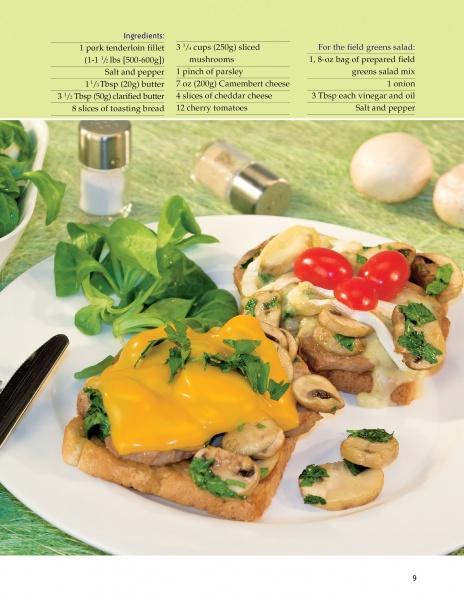 Two slices of toasted bread with pork tenderloin, mushrooms, herbs, and cheese, garnished and served with salad—an ideal dish from "Today I Cook" by Schiffer Publishing, Ltd. for simple recipes perfect for any men's cookbook.
