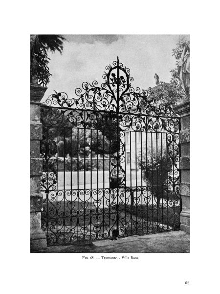 Decorative Ironwork of Italy" by Schiffer Publishing, Ltd. showcases black and white photos of ornate, hand-wrought iron gates with scrollwork, framed by stone pillars at villa gardens, with trees and statues in the background.