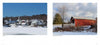 Left: A snowy New Hampshire town with a church steeple. Right: A red covered bridge spans a wintry landscape. From "Welcome to New Hampshire" by Schiffer Publishing, Ltd.