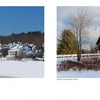 Left: A snowy New Hampshire town with a church steeple. Right: A red covered bridge spans a wintry landscape. From "Welcome to New Hampshire" by Schiffer Publishing, Ltd.