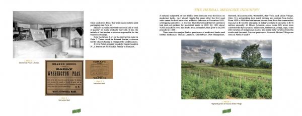 A two-page spread from *The Shaker Legacies* (Schiffer Publishing, Ltd.): left page shows a vintage photo of an indoor Shaker herb drying loft and a historic medicine label; right page features herbal medicine text and a color garden scene with mountains.