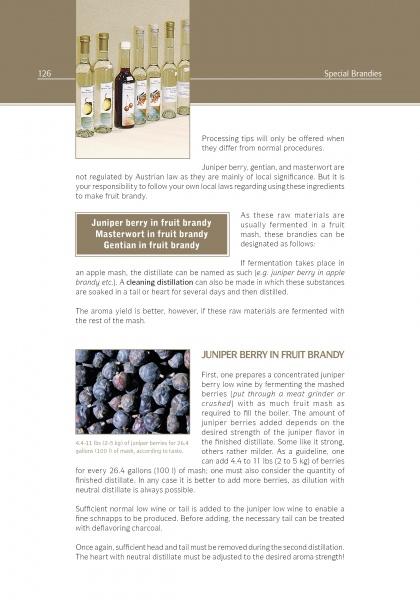 A magazine page titled "Distilling Fruit Brandy" by Schiffer Publishing, Ltd. shares distillation and juniper berry tips. Bottled spirits images top the page, with a close-up of juniper berries; the text guides readers on fruit brandy.