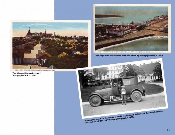 Snapshots of San Diego" by Schiffer Publishing, Ltd. includes three vintage postcards featuring the Coronado Hotel, Tent City (c.1920s), and a boy by a car with palm trees—ideal for San Diego travel and local landmark enthusiasts.