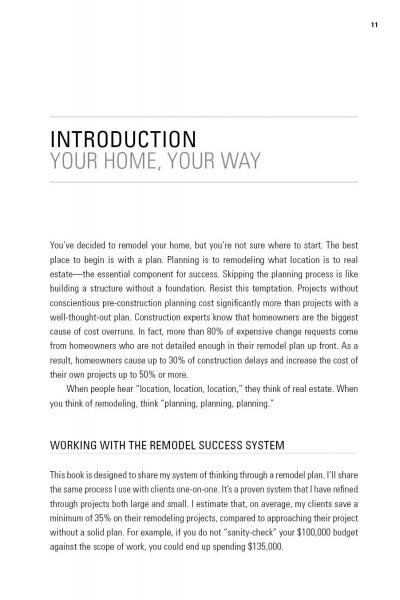 A book page titled INTRODUCTION: YOUR HOME, YOUR WAY includes paragraphs on the value of planning in home remodeling and introduces Remodel Success, Schiffer Publishing, Ltd.’s proven guide to achieving remodel success.