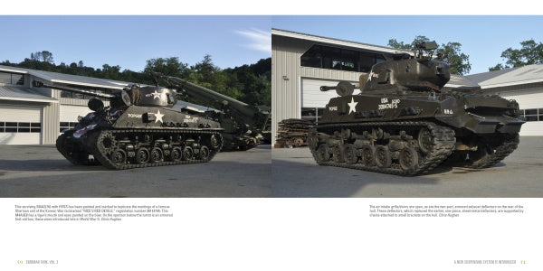 Side-by-side photos from Sherman Tank, Vol. 3 by Schiffer Publishing, Ltd. show a vintage dark green M4A2 WWII tank with white markings outdoors on pavement before a modern metal building and trees under a clear sky.