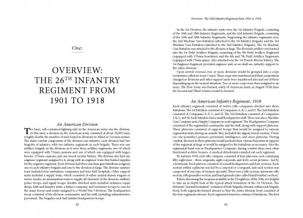 Open book "Days of Perfect Hell" by Schiffer Publishing, Ltd., features text on the 26th Infantry Regiment (1901–1918) with headings and paragraphs detailing its formation, structure, and World War I activities. No images or illustrations are included.