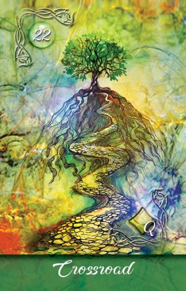 From Mirror Truth Lenormand Cards by Schiffer Publishing, Ltd., the Crossroad card (#22) features a winding path to a large tree with twisting roots against a colorful backdrop—perfect for intuitive readings.