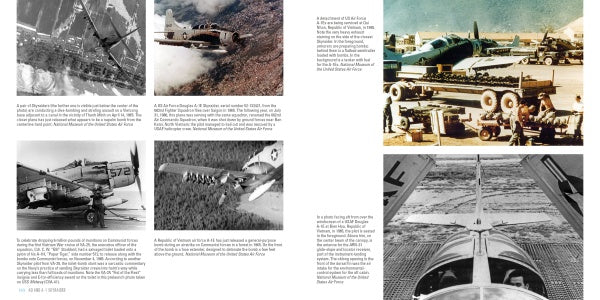 A magazine spread from Schiffer Publishing, Ltd. showcases the AD and A-1 Skyraider with black-and-white and color photos, plus text detailing its history and Korean War operations.
