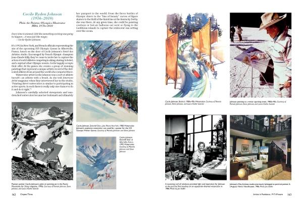 A magazine spread highlights Manhattan's Hotel des Artistes by Schiffer Publishing, Ltd., featuring Carlie Helen Johnson, her winter paintings, artistic process, mountain scenes, and interiors—capturing the spirit of West 67th Street artists.