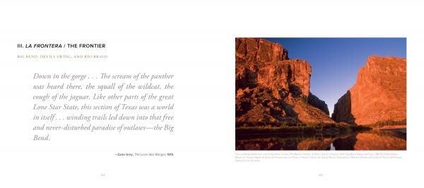 A photo of a river winding through red-rock cliffs in the Big Bend, reflected in calm water beneath a blue sky, illustrates Schiffer Publishing, Ltd.'s "America's Outback," with text about ancient trails and the frontier on the left.